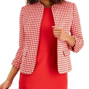 Ann Klein Tweed Houndstooth Open-Front Women Jacket Red/White Size 14 NWT $159